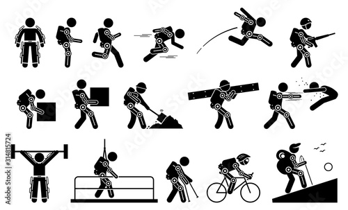 Human wearing futuristic exoskeleton body for bionic power stick figure pictogram icons. Vector illustrations of man with exoskeleton suit for strength, military, construction, medical, and sport. photo