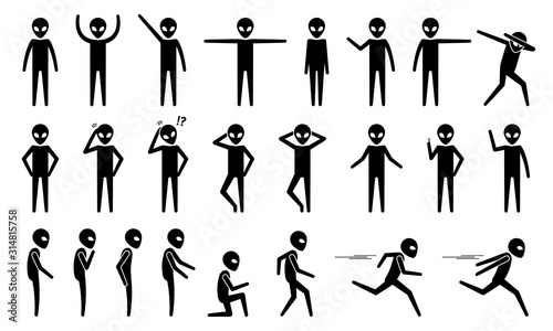 Basic alien UFO body poses and postures stick figure pictogram icons. Vector illustrations of alien standing, moving, talking, walking, running, and other movement actions. 