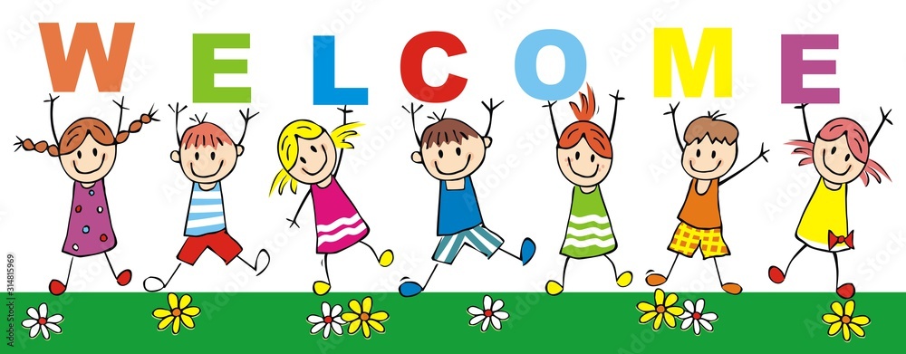 Happy kids with inscription welcome, vector illustration Stock Vector