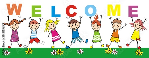 Happy kids with inscription welcome, vector illustration	