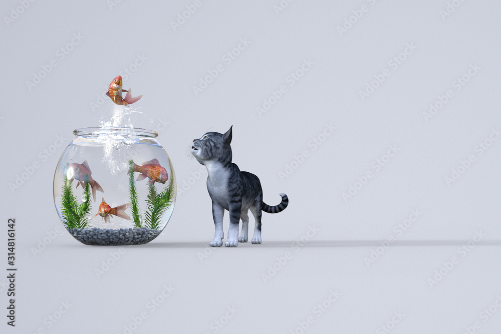 金魚鉢から勢いよく飛び跳ねる赤い金魚に釘付けになる小さなサバトラ柄の子猫 Stock イラスト Adobe Stock