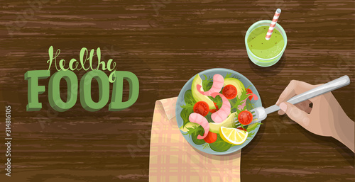 Salad and smoothie top view banner template. Healthy vegan food breakfast. Green fruit and vegetable bowl. Fitness diet ration fresh vegetarian flat lay vector illustration