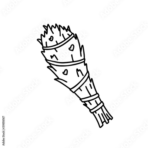 Cartoon herb bunch. Sage smudge stick, isolated doodle icon on white background. Hand drawn vector element. Outline illustration for magic, aroma ceremony. Black and white contour image