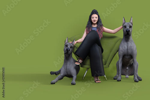 笑顔の女性が正面を向きながら緑色のソファーに座って両脇にいる二匹のグレートデンの頭を撫でている Stock イラスト Adobe Stock