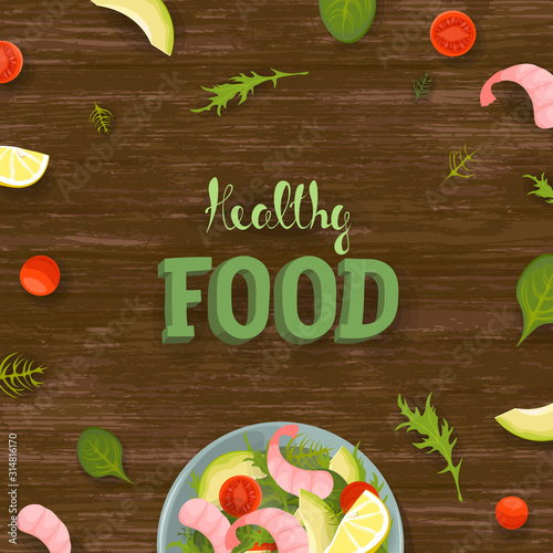 Salad and smoothie top view square banner template. Healthy vegan food breakfast. Green fruit and vegetable bowl. Fitness diet ration fresh flat lay vector illustration