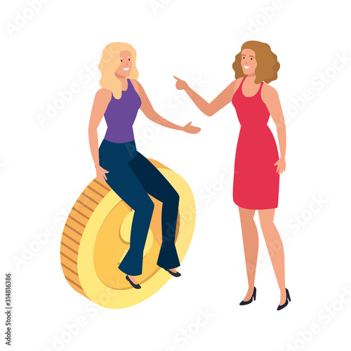 beautiful women with coin isolated icon vector illustration design