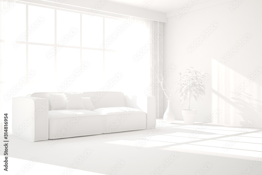 Mock up of stylish room in white color with sofa. Scandinavian interior design. 3D illustration Mock up of stylish room in white color with sofa. Scandinavian interior design. 3D illustration