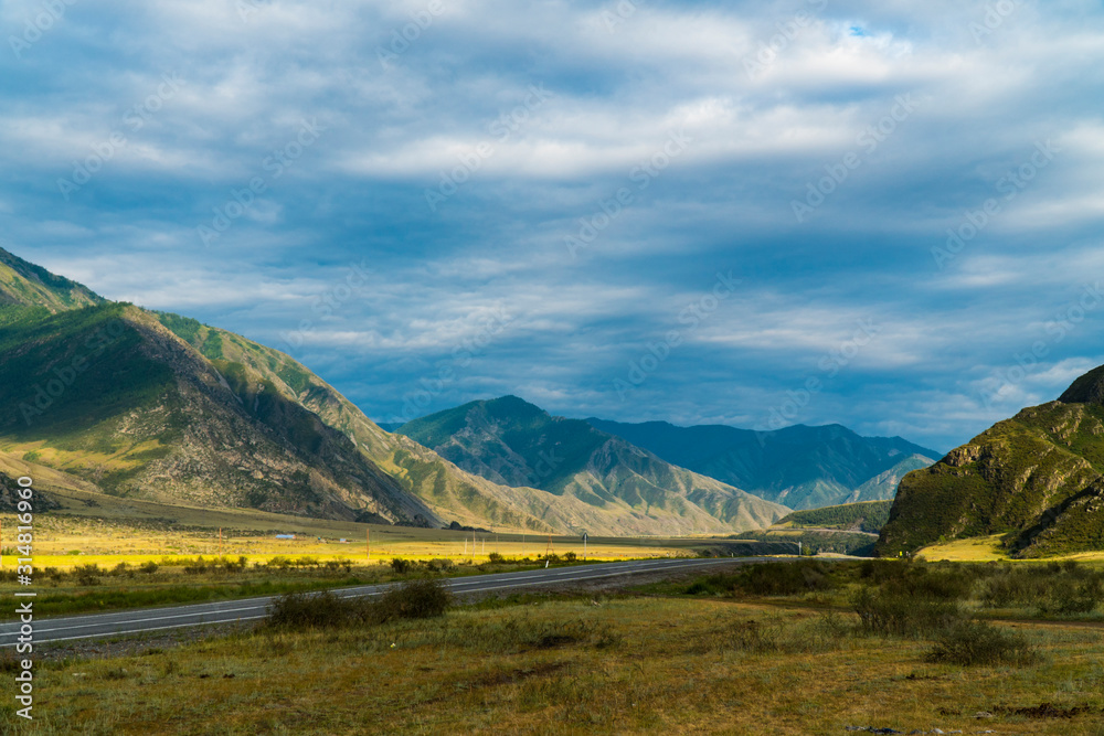 Background image of a mountain landscape. Russia, Siberia, Altai