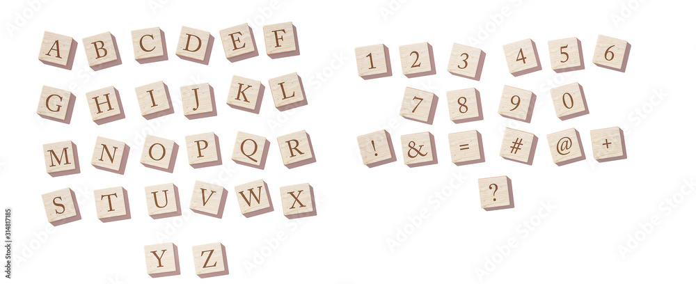 Alphabet letters on wooden pieces isolated 3d rendering Alphabet letters on wooden pieces isolated 3d rendering