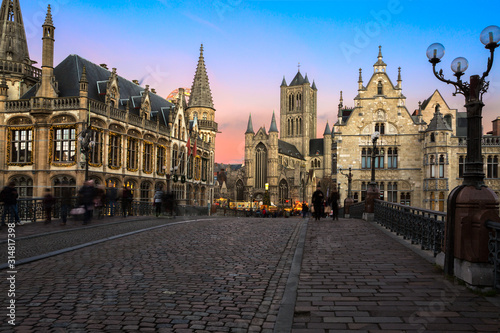 Old town of Ghent in twilight, Belgium. Look from St. Michael bridge. St. Nicholas church in the background.