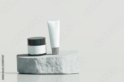 Mock up product with stone podium on bright white background. 3d rendering