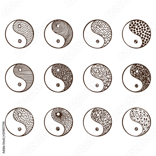 Yin yang symbols - hand drawn doodle set