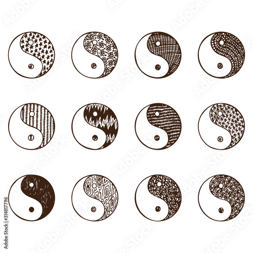 Yin yang symbols - hand drawn doodle set