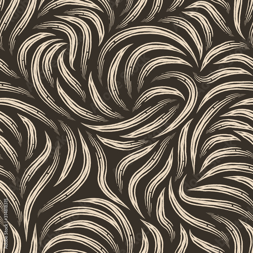 Branching beige stripes seamless pattern on a brown background. Smooth lines texture for for fabrics or packaging. Design template.