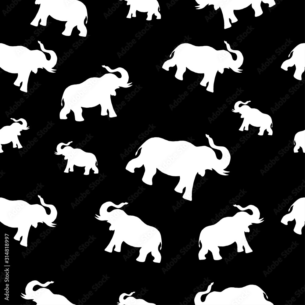 Fototapeta premium Seamless pattern with the silhouette of an African elephant. Vector hand-drawn illustration isolated on white background.