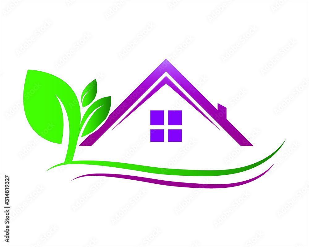 Fototapeta premium Purple roof symbol and green tree. Product logo