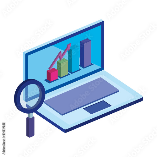laptop computer with bars statistical and magnifying glass vector illustration design