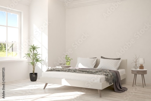 Stylish bedroom in white color with summer landscape in window. Scandinavian interior design. 3D illustration