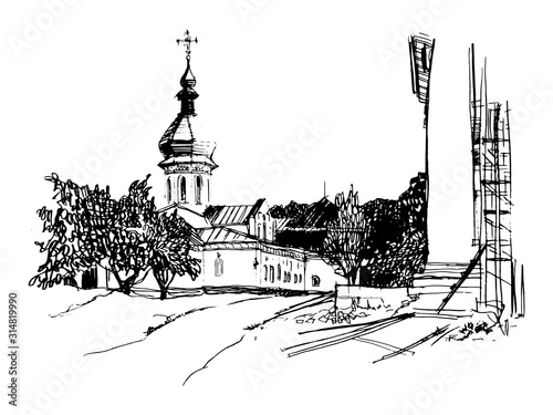 Vector traced hand drawn sketch of an ancient building in Ukraine Baroque architecture style in the city of Novgorod Siverskiy, Chernigiv. Ink pen doodle, Black and white illustration for book cover, 