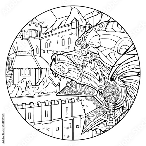 Valkyrie helmet on the background of the castle
