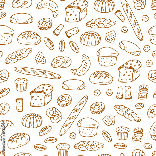 Hand drawn Bakery products and Sweet Pastries. Bread Seamless pattern. Vector illustration
