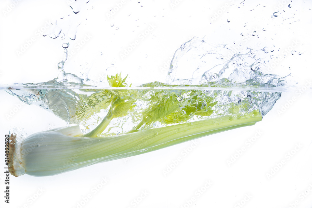 Fresh celery drops in water with a spray Fresh celery drops in water with a spray