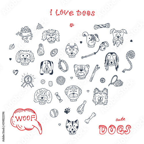 Dogs Vector Set in Heart shaped. Dogs faces icons. Hand Drawn Doodles Dogs and accessories for pets.