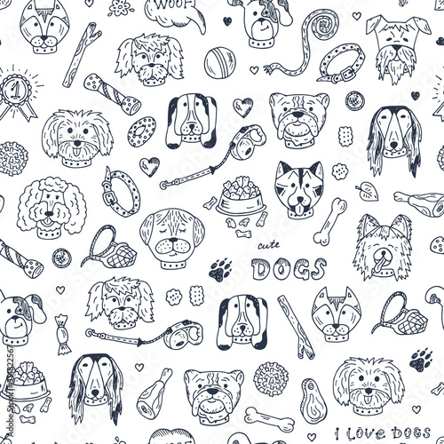 Dogs Vector Seamless pattern. Hand Drawn Doodles Dogs and accessories for pets. Black and white background.