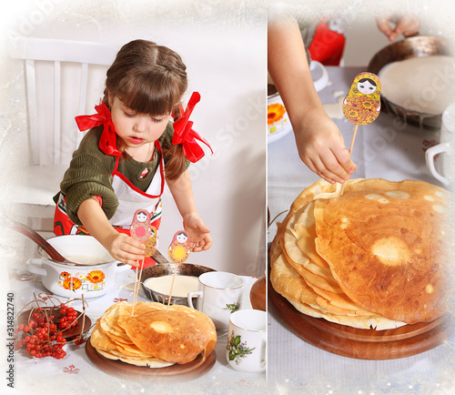 Little girl serves a festive table. Maslenitsa photo