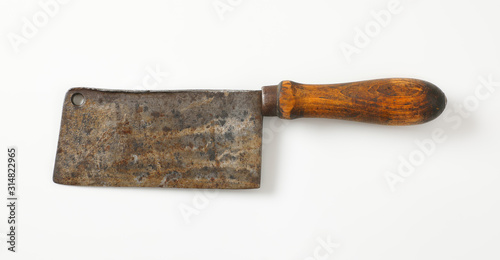 Photography Old wood-handled meat cleaver