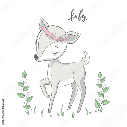 Cartoon young deer with branches on white background. Cute bambi animal vector.