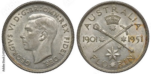 Australia Australian silver coin 1 one florin (two shillings) 1951, head of King George VI left, crossed scepter and sword among stars, dates flank, crown above,