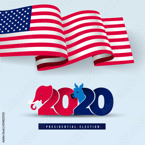 2020 United States of America presidential election. Elephant and donkey symbols of political parties in America. Design logo.Text design pattern. Vector illustration. Isolated on white background. photo