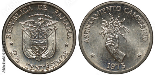 Panama Panamanian coin 2-1/2 two and a half centesimos 1973, shield with designs in front of draping flags, bird on top, hand with grain stalks, date below,  photo