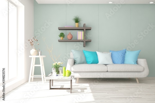 Stylish room in blue color with sofa. Scandinavian interior design. 3D illustration