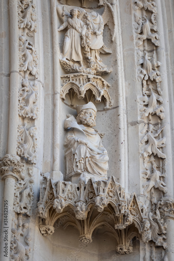 Architectural fragments depicting saints on Saint-Chapelle in Vincennes, Val-de-Marne department, close to Paris, France.