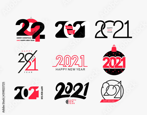 Big collection of logo 2021 Happy New Year signs. Set of 2021 Happy New Year symbols. Greeting card artwork, brochure template. Vector with black holiday labels isolated on white background.