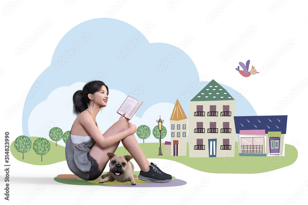 かわいい風景イラストの背景をバックに体躯座りで本を読む女の子と傍らに座るフレンチブルドッグがいるシーン Stock Illustration Adobe Stock