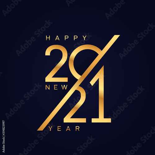 Happy new 2021 year. Luxury elegant gold text with light. Minimalist template. Cover of business diary for with wishes. Brochure design template, poster, banner. Vector isolated on blue background.