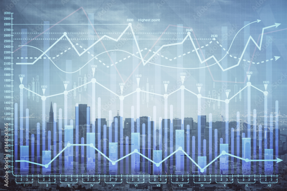 Forex graph on city view with skyscrapers background multi exposure. Financial analysis concept. Forex graph on city view with skyscrapers background multi exposure. Financial analysis concept.