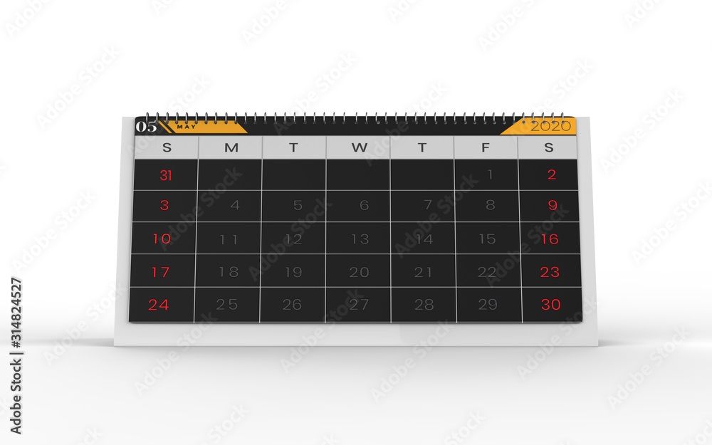May month 2020 year calendar on a white background. 3d illustration May month 2020 year calendar on a white background. 3d illustration