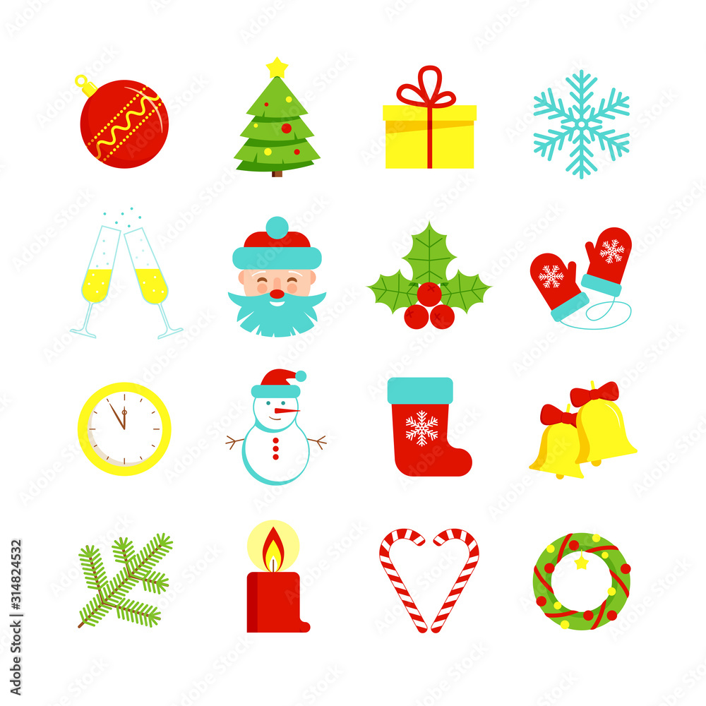 Christmas and New Year 2020 color flat icon set with snowflakes, christmas tree, balls, gift and other stuff on a white background. Vector illustation for Xmas holidays.