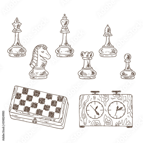 Chess Pieces Vector Set. Hand drawn doodle king, queen, bishop, knight, rook, pawn and chess board, chess clock.
