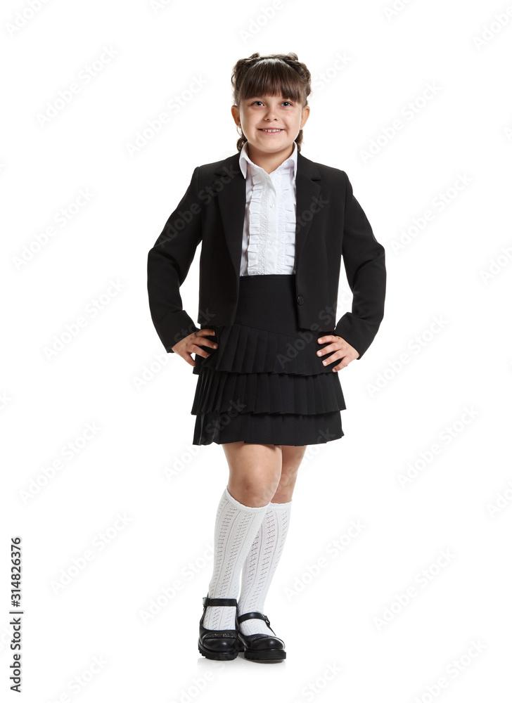 Portrait of smart confident girl in school uniform posing on white background Portrait of smart confident girl in school uniform posing on white background