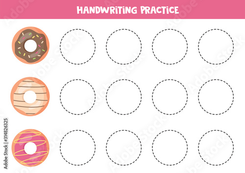Cartoon donuts tracing. Handwriting practice for kids.