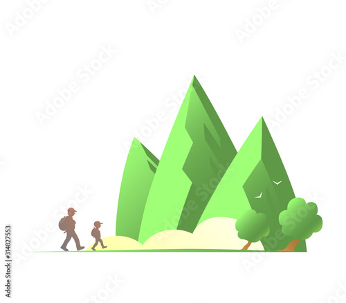 Cartoon father and son travel with backpacks in beautiful places of nature. Silhouettes of people. Green mountains, trees and fog. Vector isolated illustration. © Mikhail Ognev