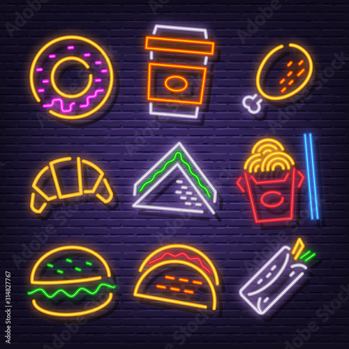 fast food neon signboard icons
