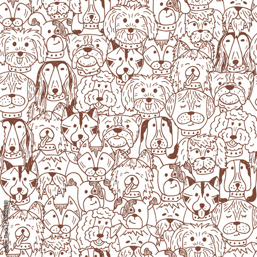 Animals. Dogs Vector Seamless pattern. Hand Drawn Doodles Dogs. Cute Dogs Black and White background.