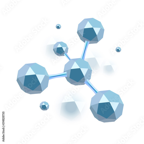 3d illustration of molecule model. Science or medical background with molecules and atoms. Medical background for banner or flyer. Molecular structure with blue icosahedron particles.