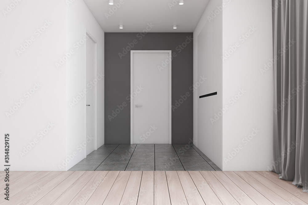 Empty apartment hall with doors and wardrobe